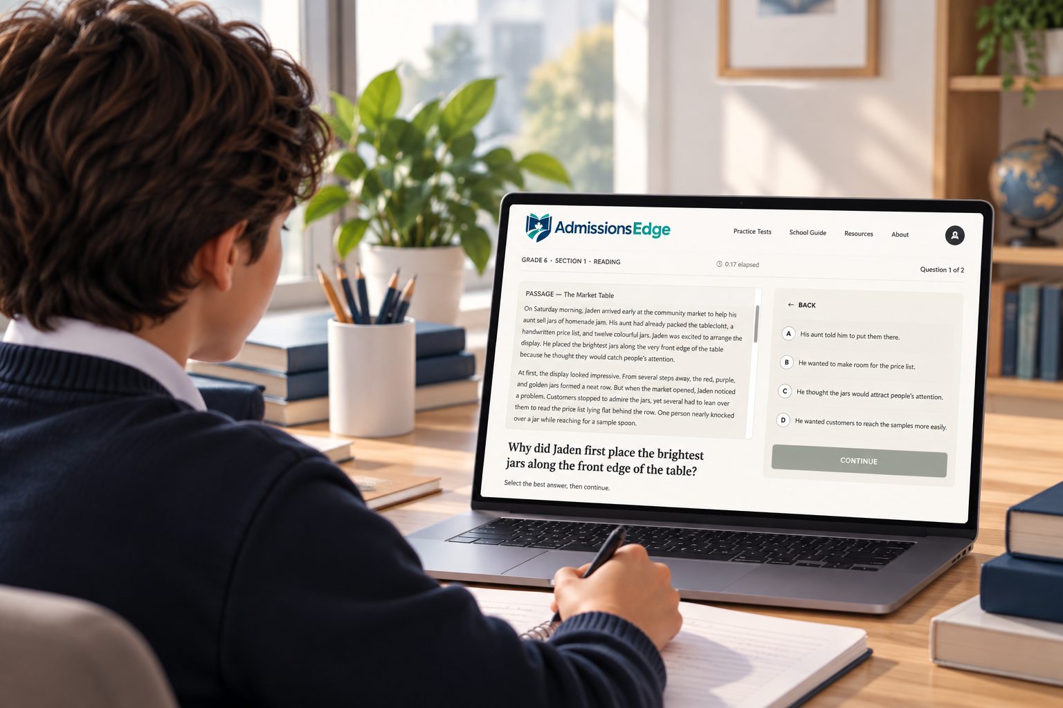 A student completing an AdmissionsEdge practice test on a laptop